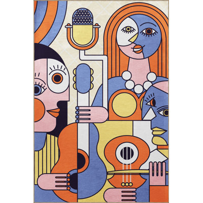 Multi-Colored Surrealist Themed Artist Ethnic Woman Portrait Guitar Patterned Modern Decorative Rug