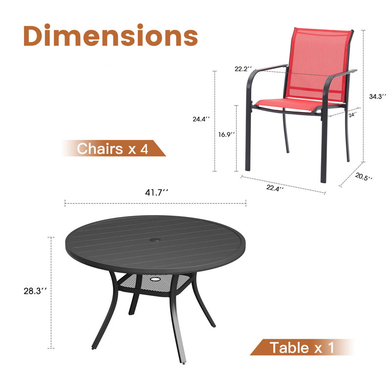 Red and Black 4-Person Round Patio Dining Set with Faux Wood Table