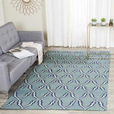 Tapis en laine / coton tissé à la main à plat Rodgers en ivoire / bleu clair