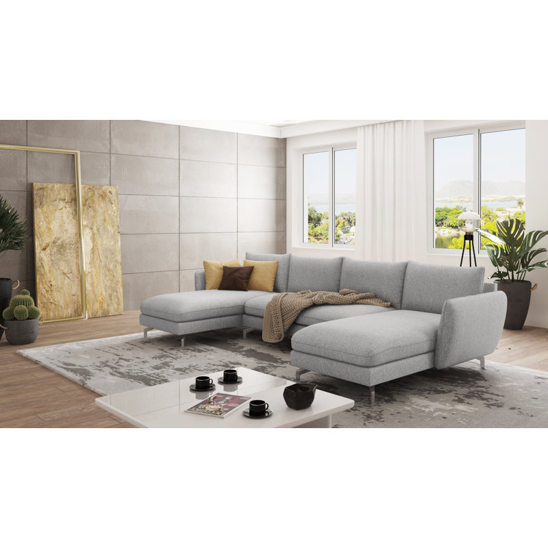 Modern U-Shape Kimo Corner Sofa with Silver Metal Legs, Silver
