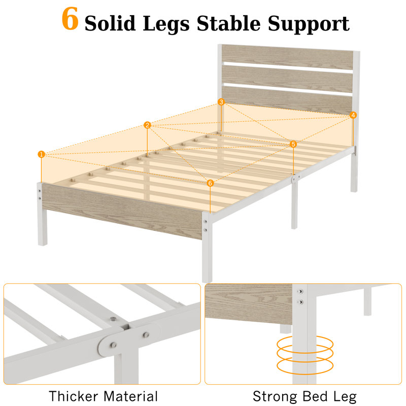 Sakari 2 Set Rustic Farmhouse Bed Frame, 2Pcs Twin Size Metal Platform Bedframe with Wood Headboard, Mattress Foundation with Heavy Duty Metal Slats Support, No Box Spring Needed