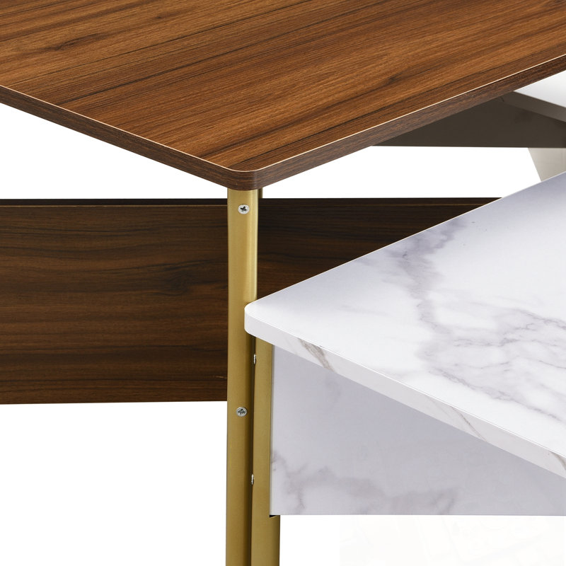Tables basses gigognes 4 pièces avec pieds en métal, Blanc + noyer