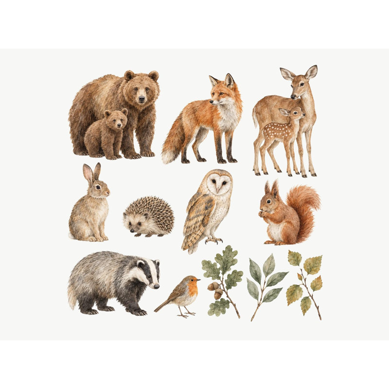 Woodland Family Wall Decals, Set of 15 Peel and Stick Nursery Wall Stickers, Satin Finish Removable Kids Room Wall Art, 20"W x 20"H (50 x 50 cm)