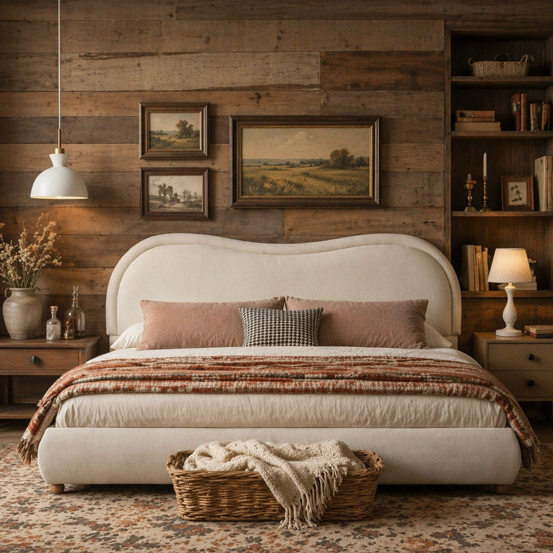 Issabell Upholstered Platform Bed With Wood Slats, King, Beige