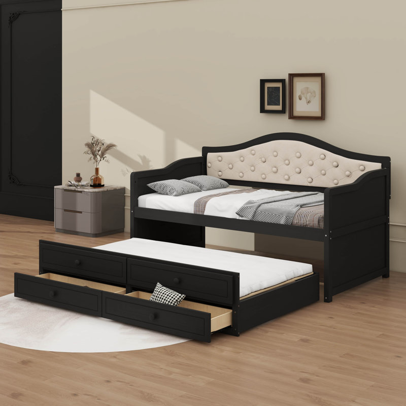 Twin Daybed With Trundle, Twin Size Daybed With 2 Storage Drawers, Black