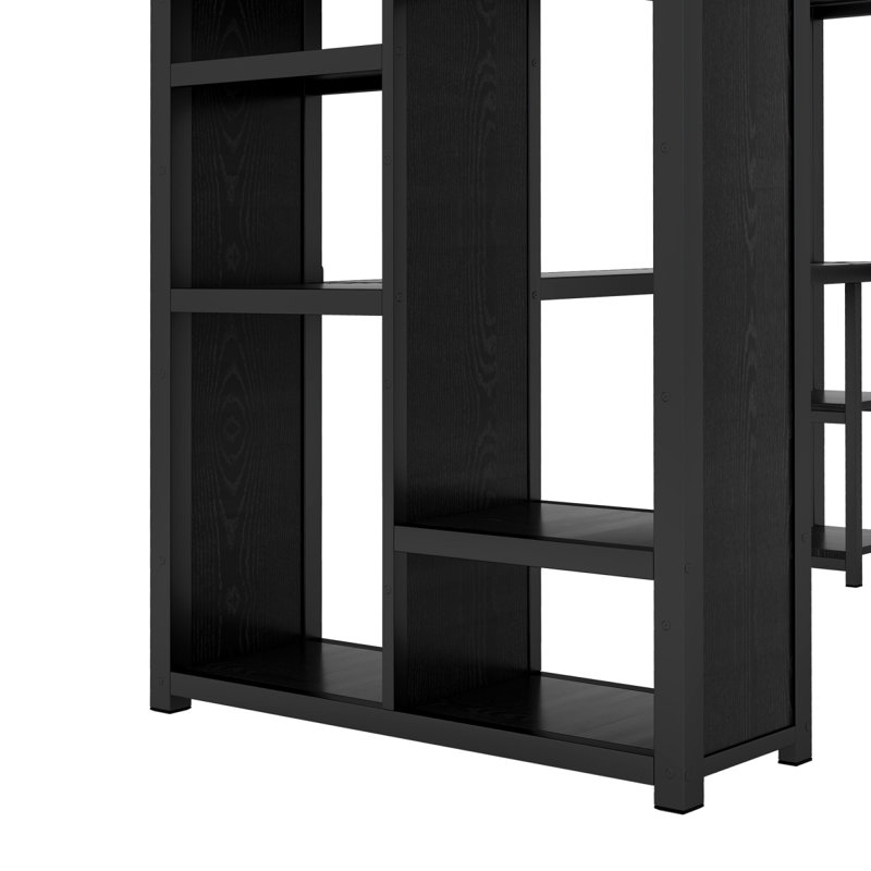 Structure de lit simple TG avec garde-robe intégrée, lit mezzanine en métal avec bureau et tablettes de rangement, noir