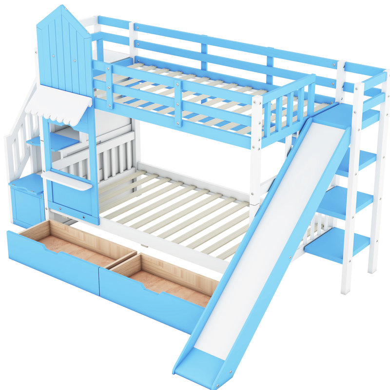 Blue Twintwin Bunk Bed Featuring 2 Drawers, 3 Shelves And Slide. Robust Wood Frame For Over 6 Years. 106.3In.L X 76.6In.W 72.8In.H. 250Lbs Capacity Per Bed. Box Spring Not Included With Build 6.