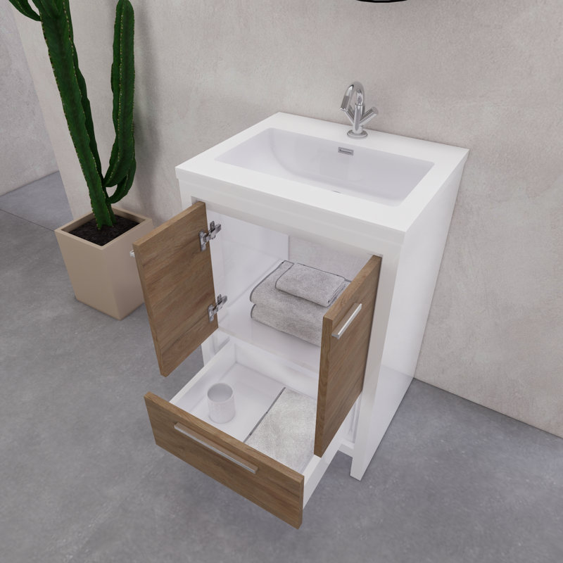 Ensemble de meuble-lavabo simple 23,6 po Eden, Blanc brillant / teck