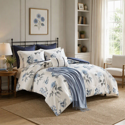 Comforter Set, 7-Piece Printed Seersucker with Throw Blanket - Blue - Full/Queen