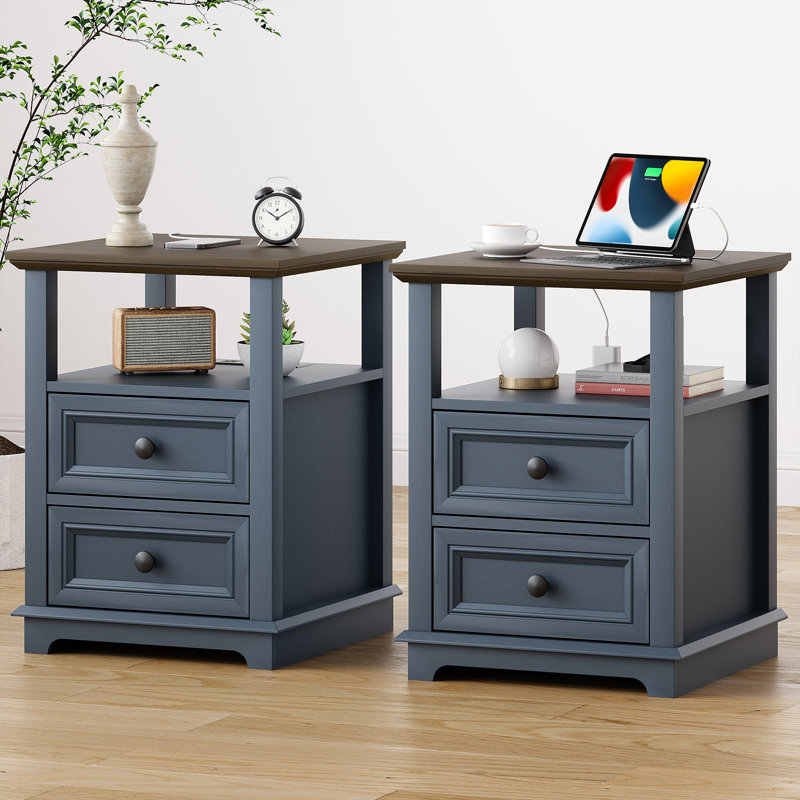 Azella Frame 2 End Table Set with Storage and Built-In Outlets, Brown Top/Blue Base