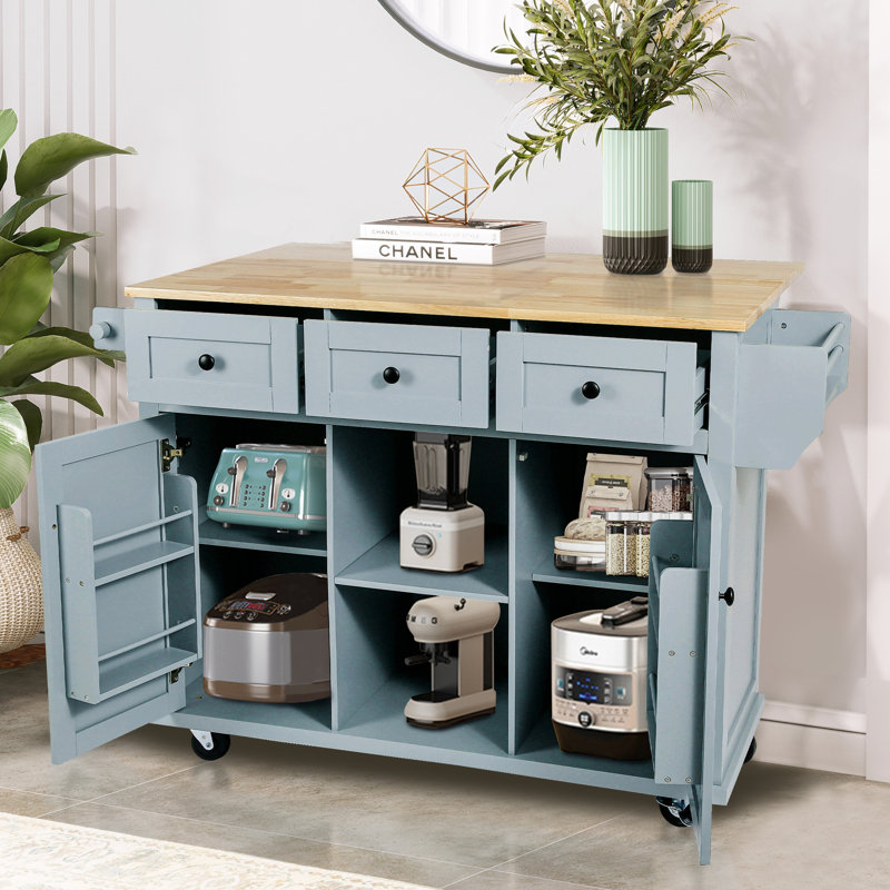 53" Wide Rolling Kitchen Island, Solid Wood Countertop with Drop-Leaf, Cabinet with Door Racks and Adjustable Shelves, 3 Drawers, Modern, Cart for Dinning Room