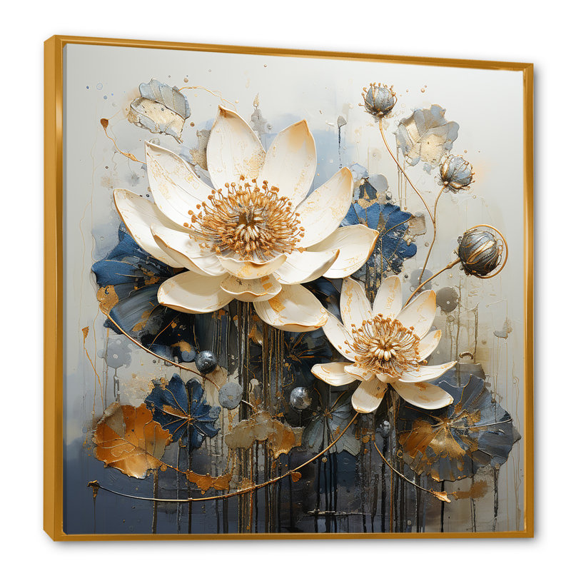 Or et lotus bleu en harmonie - impression, Cadre flottant doré, H 24 po x l 24 po