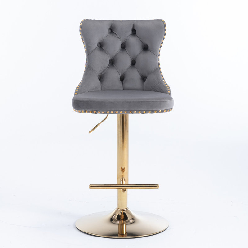 Swivel Velvet Barstools with Adjusatble Seat Height, Gray, Gold