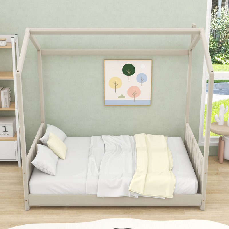 Velvet House Bed With Playhouse Design And Slats, Beige, Full