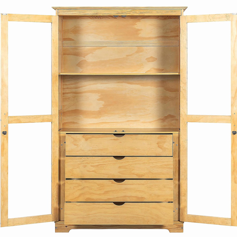 Armoire de rangement autoportante pour garde-manger avec portes en verre et 4 tiroirs intégrés, Natural