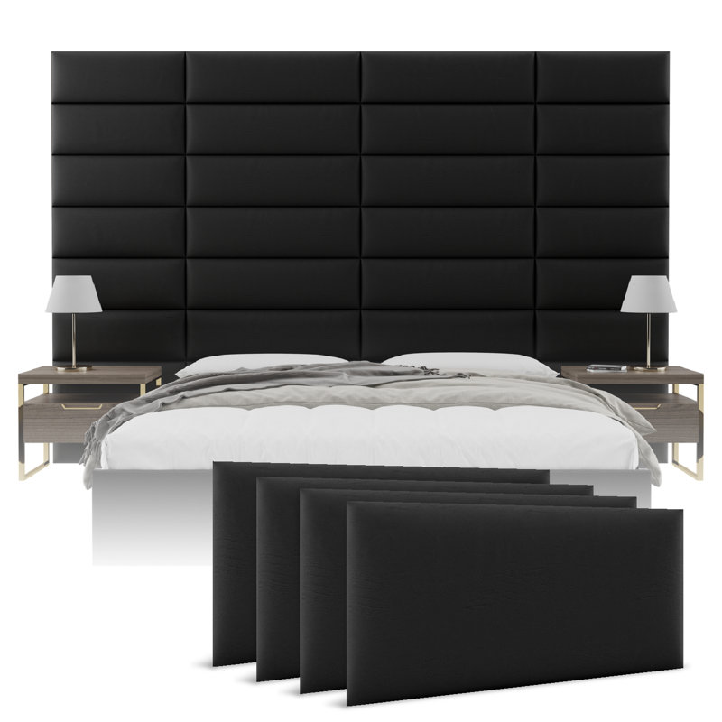 Sapan Upholstered Headboard, Queen (30"W x 11.5"H, Set of 4), Faux Leather Jet Black