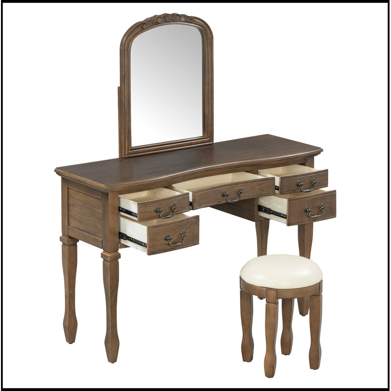 Coiffeuse de maquillage avec miroir à cadre floral courbé, 5 tiroirs et tabouret en cuir