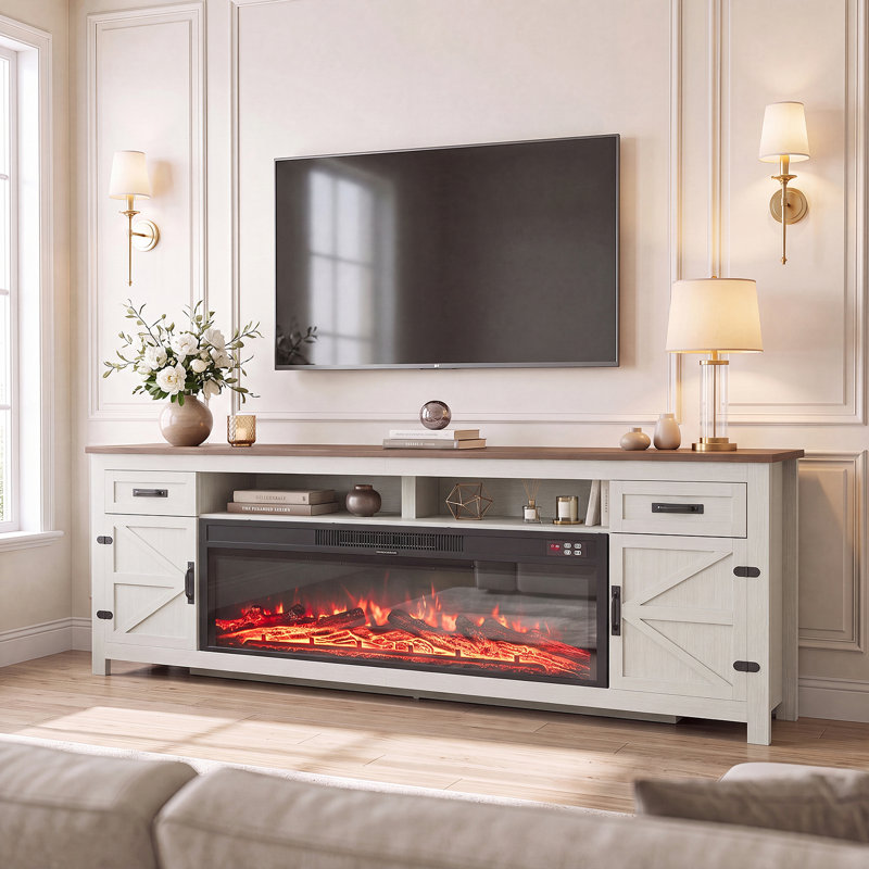 Meuble télé 95 po avec porte de grange, Blanc