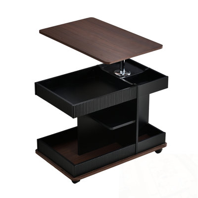 Adjustable End Table With Wheels, 360°rotating Top, Storage Space, Wood Grain Texture And Vertical Striped Design