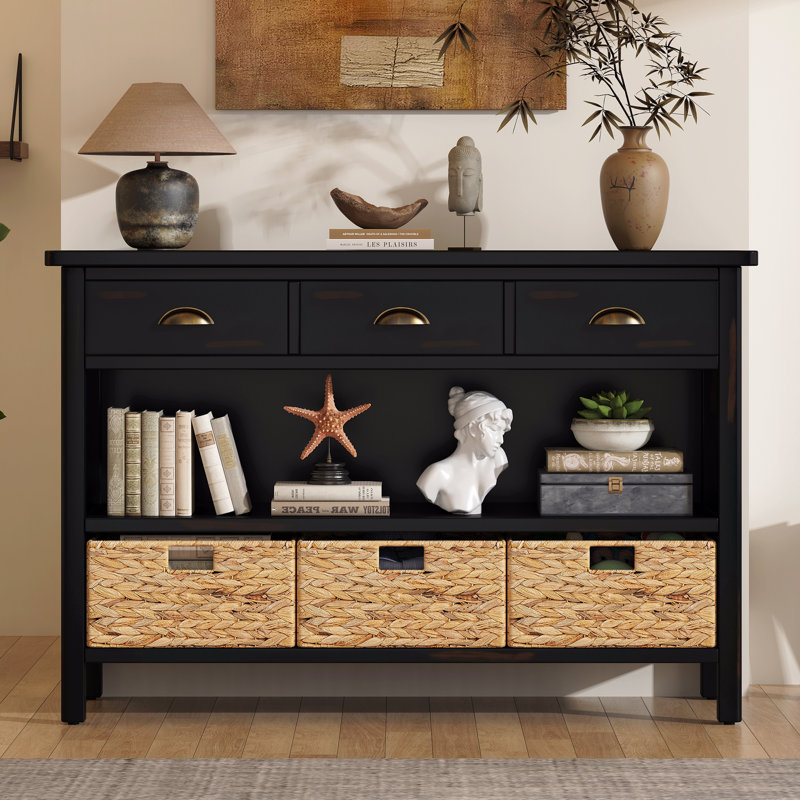 Console rétro avec 3 tiroirs de rangement, table d'entrée avec 3 paniers tissés en jacinthe d'eau, armoire-buffet en bois