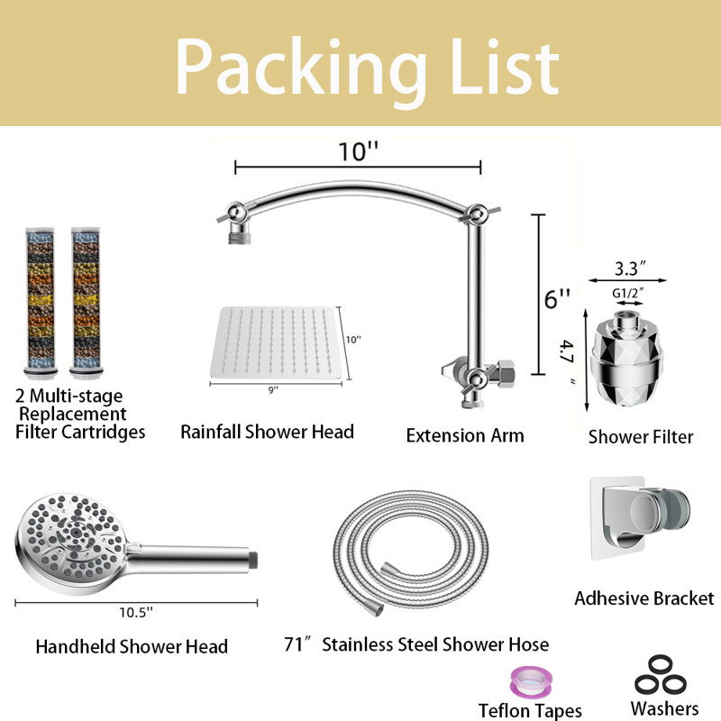 10'' Dual Filtered Rainfall Shower Head Combo, Handheld Shower Head With 16'' Adjustable Extension Arm, 20 Stage Shower Filter, 10-Spray, 71'' Hose