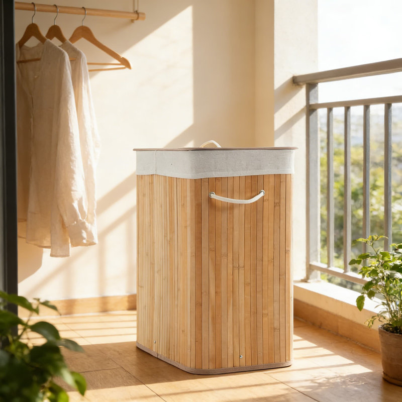 Panier à linge pliant en bambou avec couvercle et doublure lavable, panier de rangement mince de 28 gallons pour les petits espaces, conception pliable pour un rangement facile