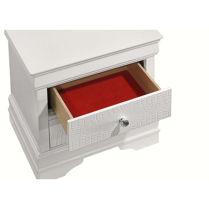  Pompei Metallic 2 Drawer Nightstand with Crystal Handles and Textured Design,  White