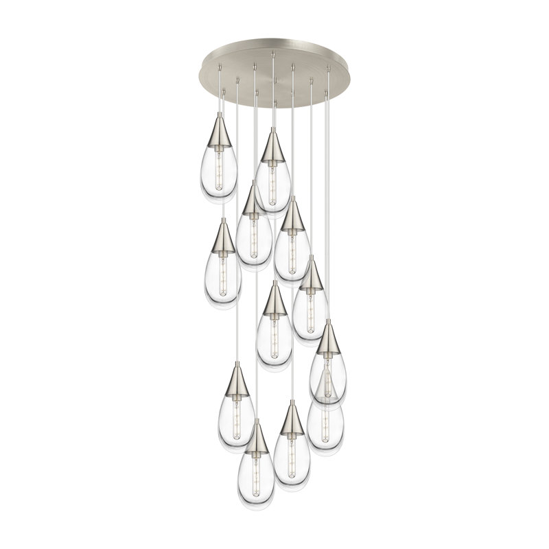 Luminaire suspendu en grappe à 12 lumières, Transparent, Nickel satiné brossé