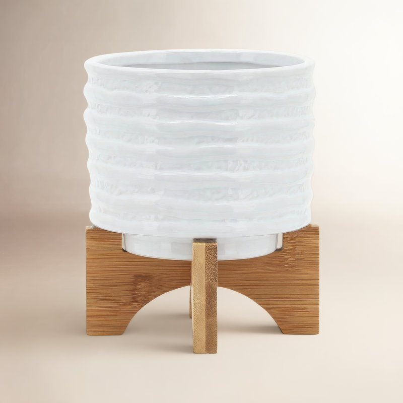 Modern Textured Ceramic Planter with Stand Indoor Outdoor, 7" H x 6" W x 6" D, Striped Ivory / Beige