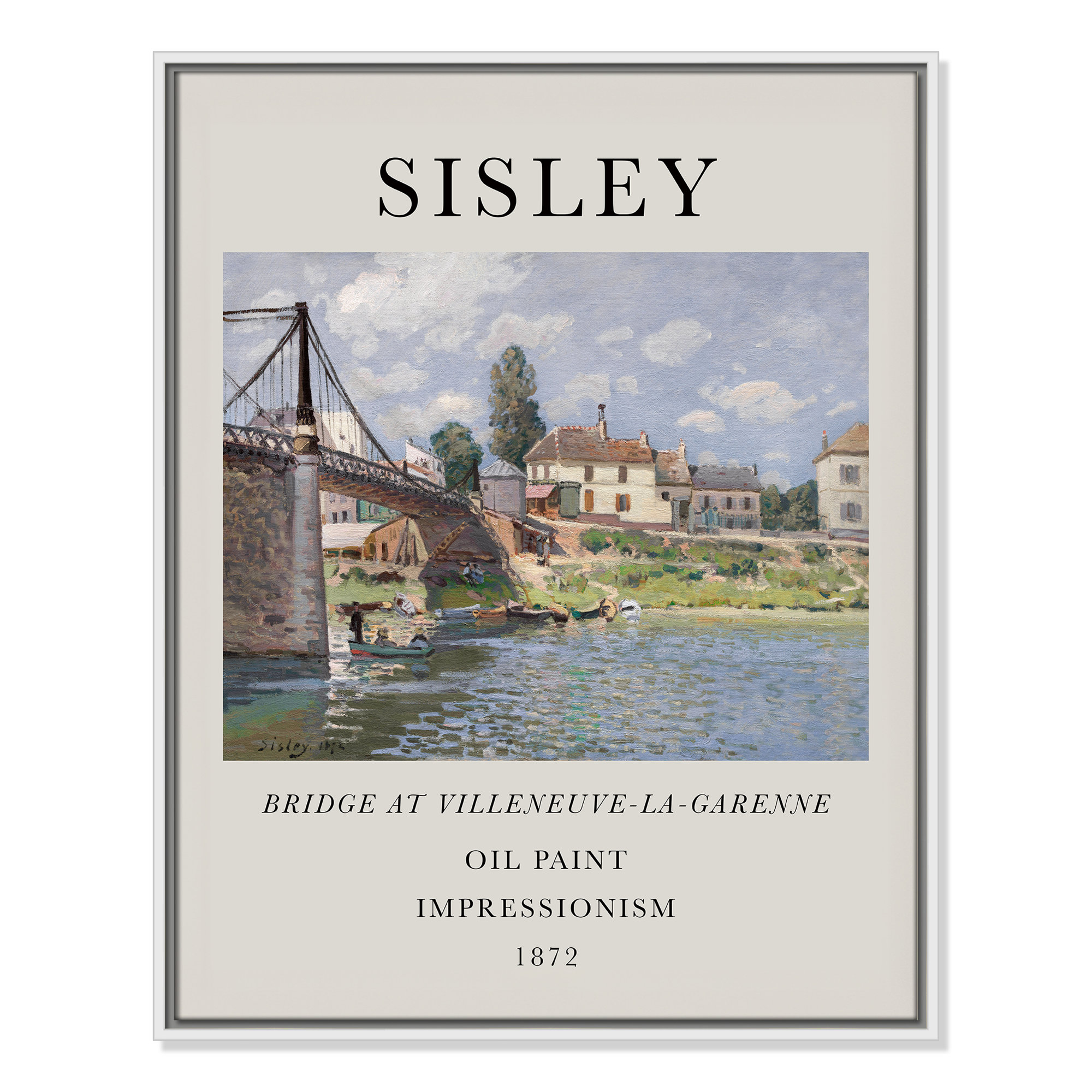Old Masters Collection " The Bridge At Villeneuve " by Alfred Sisley, White Floater Frame, 29.5" H x 23.5" W x 2" D, No