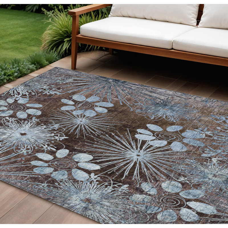Tapis intérieur/extérieur lavable à motifs floraux brun et bleu ciel, 2,74 m x 3,66 m