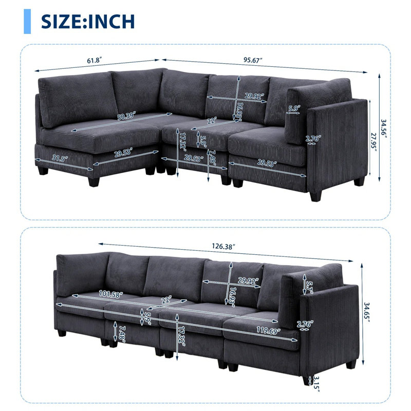 126" Corduroy Sectional Corner Sofa 4 Piece Modular Deep Seat Couch With Pillows, 1200 lbs Capacity, Pet-Friendly, Flexible Layout