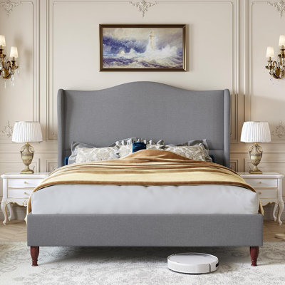 Queen Size Wingback Platform Bed Frame with Tall Headboard-Light Gray