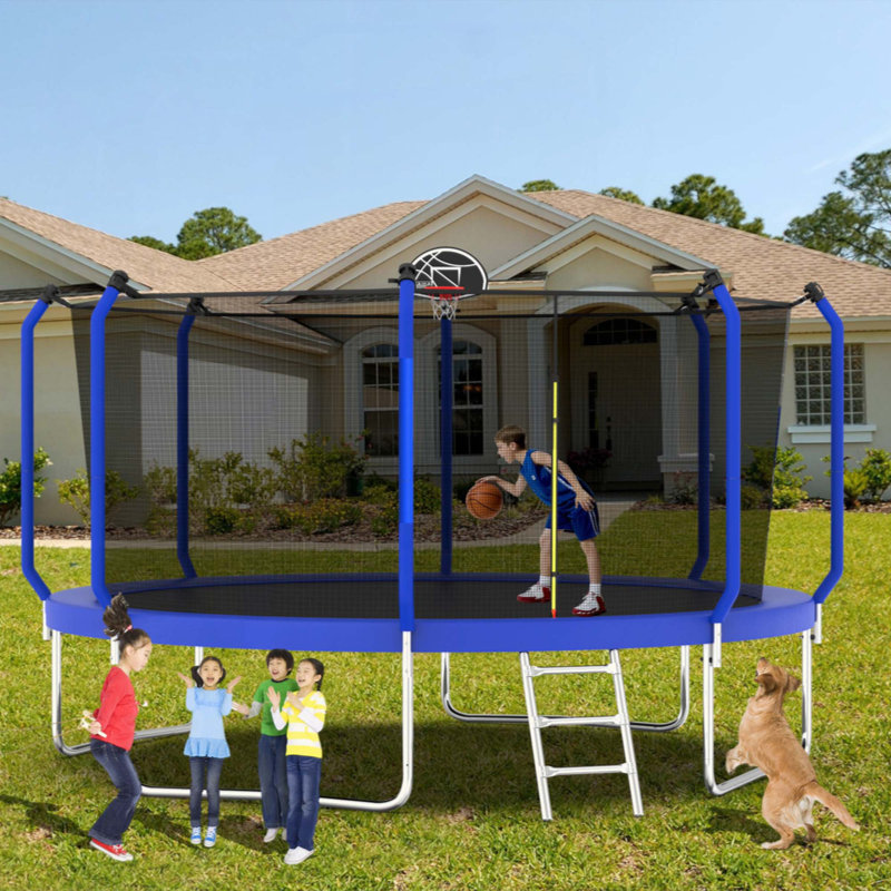 Trampoline 14FT avec panier de basketball, trampoline d'extérieur renforcé de type ASTM avec filet d'enclos