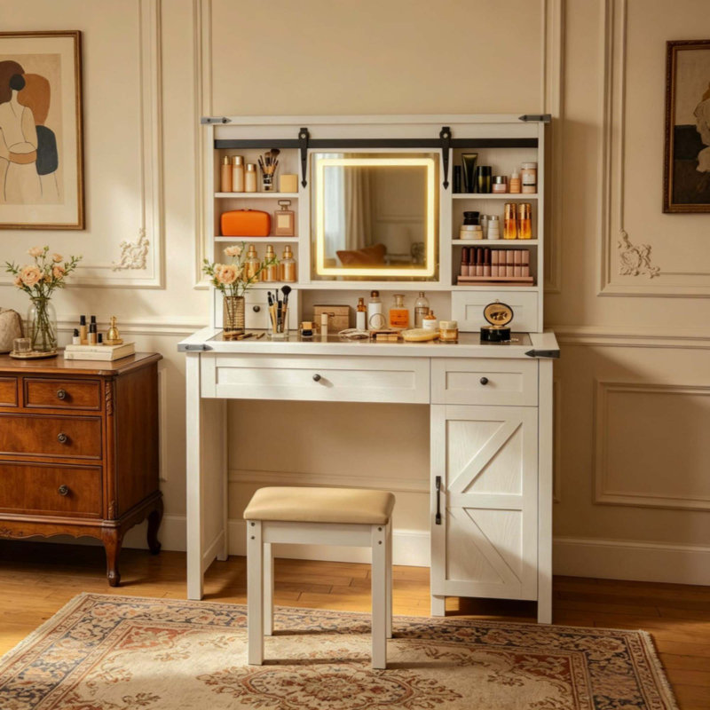 Console de beauté moderne, ensemble de coiffeuse avec miroir à DEL et tabouret rembourré, meuble-lavabo, coiffeuse avec rangement, ensemble de meubles de coiffeuse (seulement 1 coiffeuse, 1 tabouret de coiffeuse)