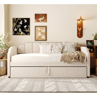 Twin Size Upholstered Daybed With Pop-Up Trundle USB Charging Ports, Beige
