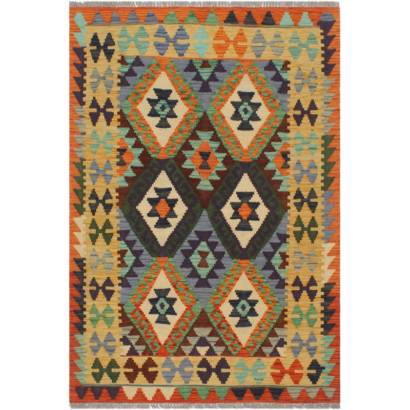 Tapis oriental en laine tissé à la main à motif oriental de 3 pi 2 po x 4 pi 7 po de couleur cépage doré / bleu marine / rouge foncé