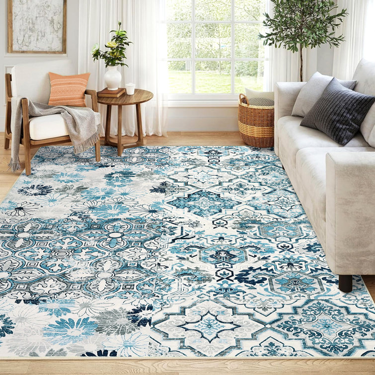 Oriental Machine Washable Rug with Rubber Backing for Farmhouse Floral Non-Slip Living Room Rug Easy-Cleaning Colorful Floor Carpet for Bedroom Dining Room Nursery Playroom