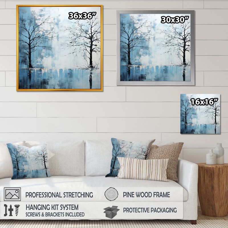 Minimalisme, charme d'arbre bleu sur toile, H 30 po x l 30 po x P 1 po, Cadre flottant doré