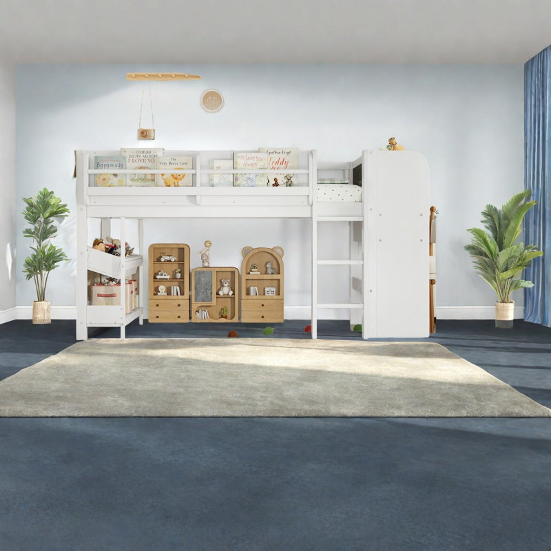 Lit mezzanine simple peu encombrant avec rangement en bois et style moderne pour la famille