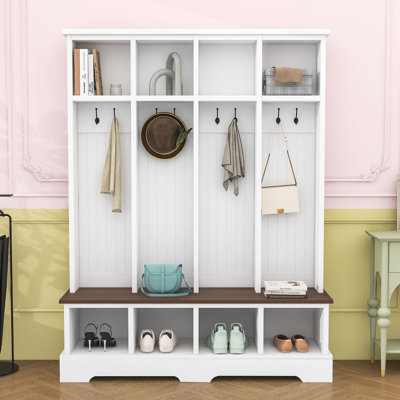 Wide Hall Tree with Open Shelves, Hooks and Entryway Bench