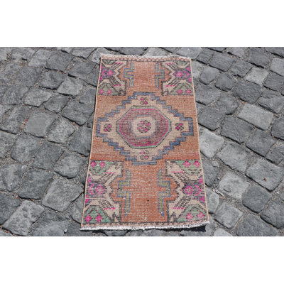 Petit tapis rétro en bronze turc - unique tapis de salle de bain Anatolian avec un design Oushak coloré