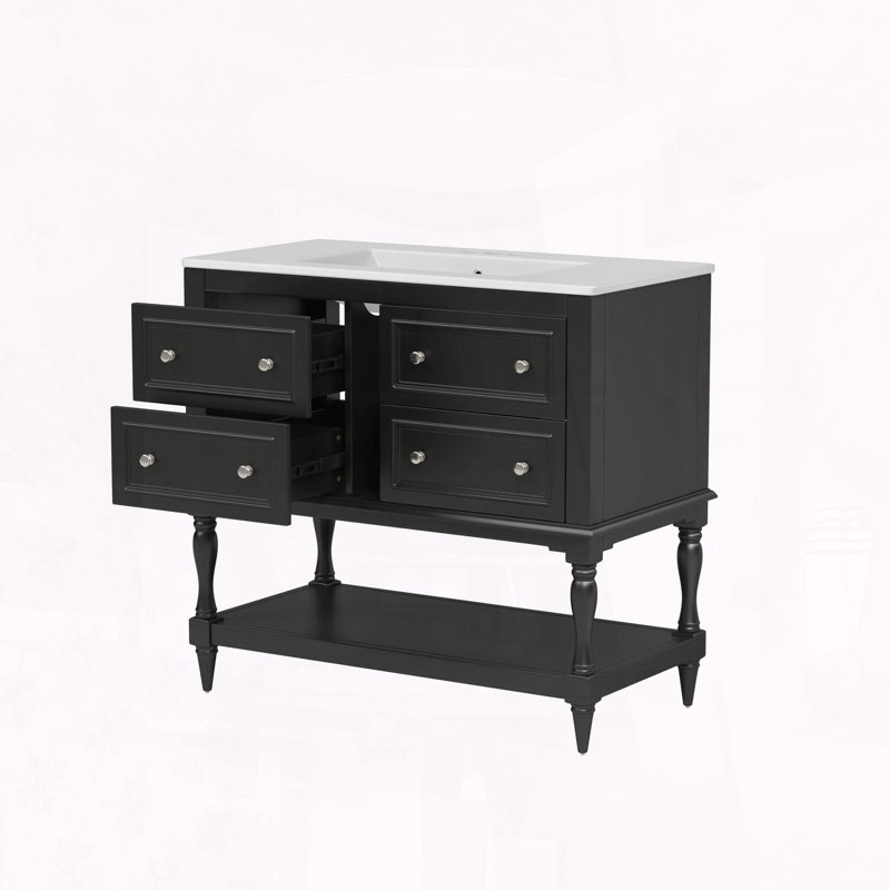 Meuble-lavabo 36 po avec 4 tiroirs et structure en bois massif, Black