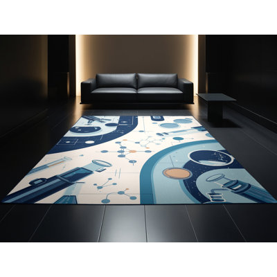 Tapis vert et bleu marine lavable à la machine à motif de scène de laboratoire Paizley