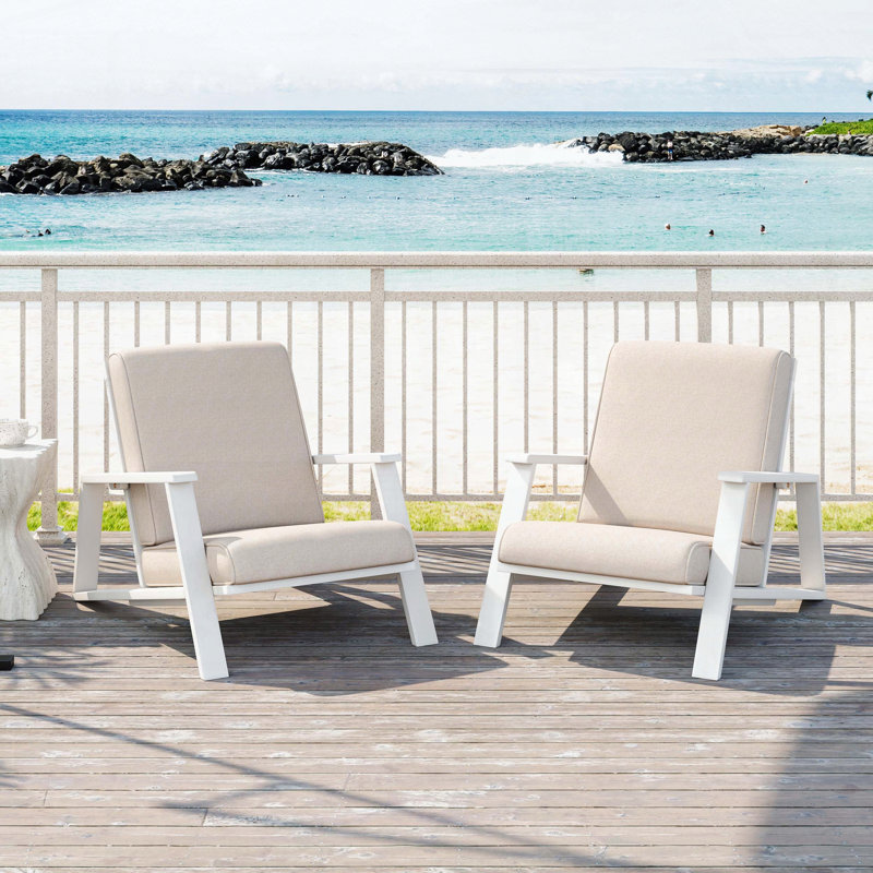 Fauteuil club d'extérieur en bois d'acacia avec coussin beige (structure blanche, ensemble de 2), Blanc