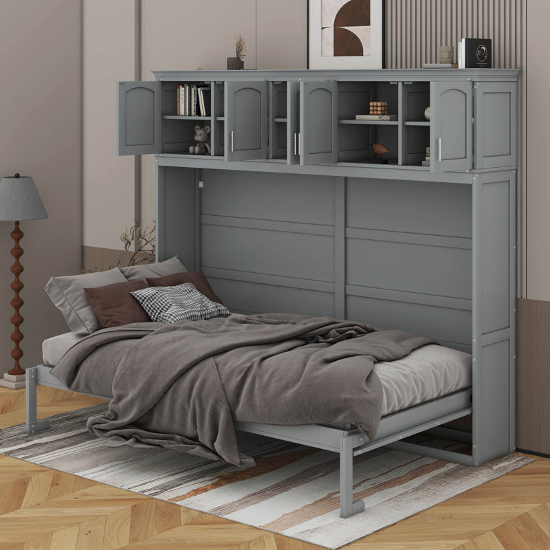 Lit escamotable avec armoires supérieures, Gris, Grand lit