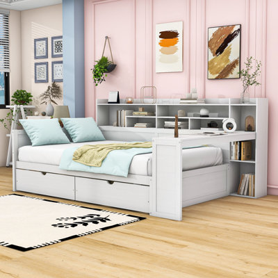 Wood 2 Drawers Daybed with Built-in Desk and Storage Shelves by Latitude Run