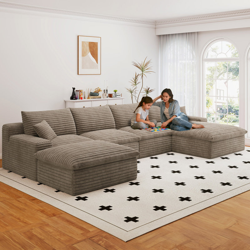 Boneless 136" U Shaped Sectional Couches, Corduroy Sectional Sofa With Reversible Storage Ottoman, 4 Seater Sofa With Throw Pillows Upholstered L-Shaped Couch For Living Room