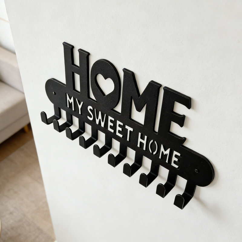Black Metal "MY SWEET HOME" Wall Hook Rack | Sturdy Iron Key & Coat Organizer | Christmas Stocking Holder | Modern Farmhouse Entryway Decor