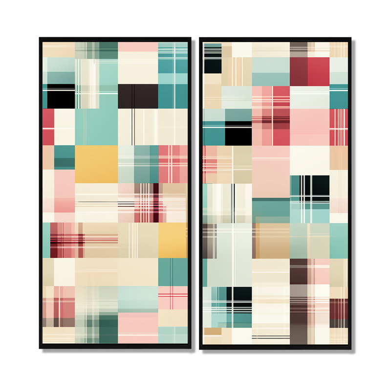 Motif rétro à carreaux pastel 2 pièces, H 40 po x l 40 po, Impression encadrée flottante, Noir
